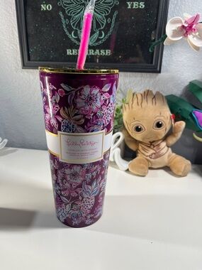 Lilly Pulitzer Plum Floral Tumbler with Pink Straw